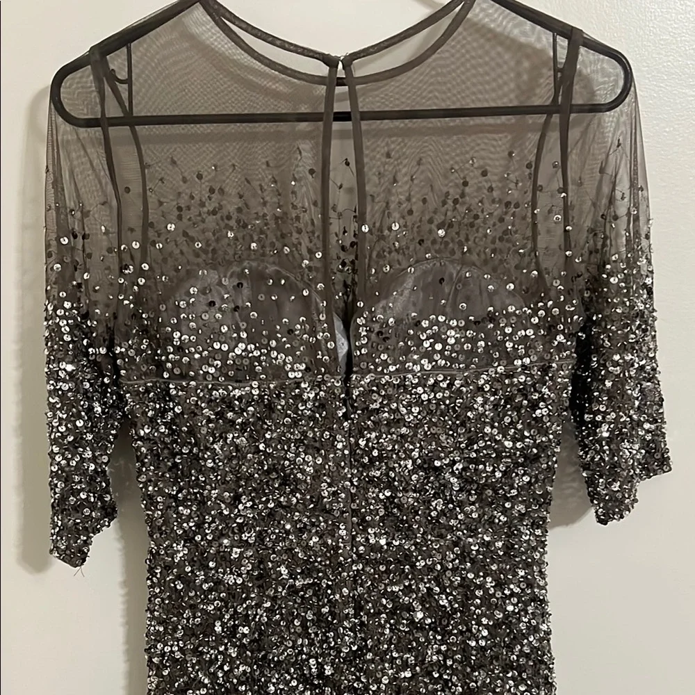 Adrianna Papell Silver Sequin Long Sleeve Mesh Dress - Picture 6 of 8